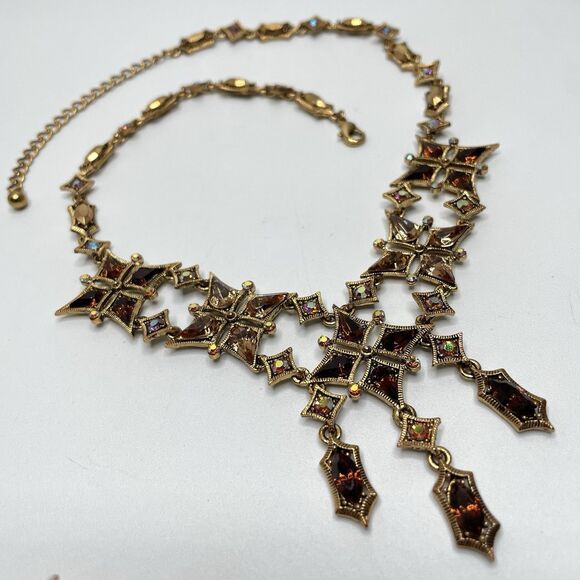 Rare Gold Tone Vintage Brown AB Glass Rhinestone Necklace Bracelet Earrings Set - Picture 2 of 9